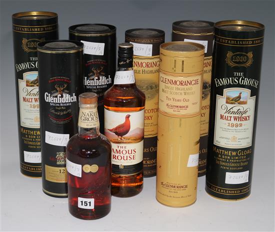 7 x boxed Malt Whiskeys - Famous Grouse Vintage 1992 and Glenmorangie 10 year old and 2 other whiskies.